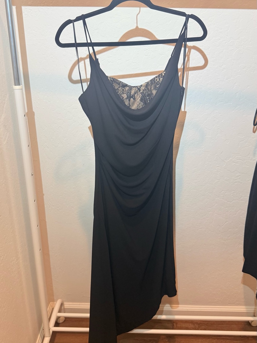 Steve Madden Black One-Shoulder Cowl Slip Dress with Lace